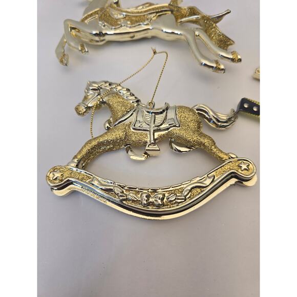 Vintage Gold Holiday Ornaments Set 4 Pc Reindeer Sleigh Horse Snowman ~5" - Picture 3 of 5